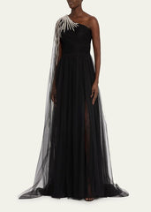 one-shoulder tulle gown with pearl drape – Polle