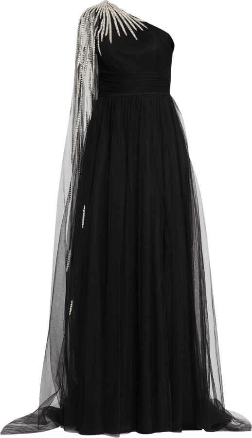 one-shoulder tulle gown with pearl drape – Polle