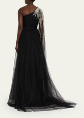 one-shoulder tulle gown with pearl drape – Polle