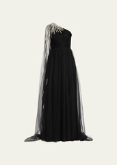 one-shoulder tulle gown with pearl drape – Polle