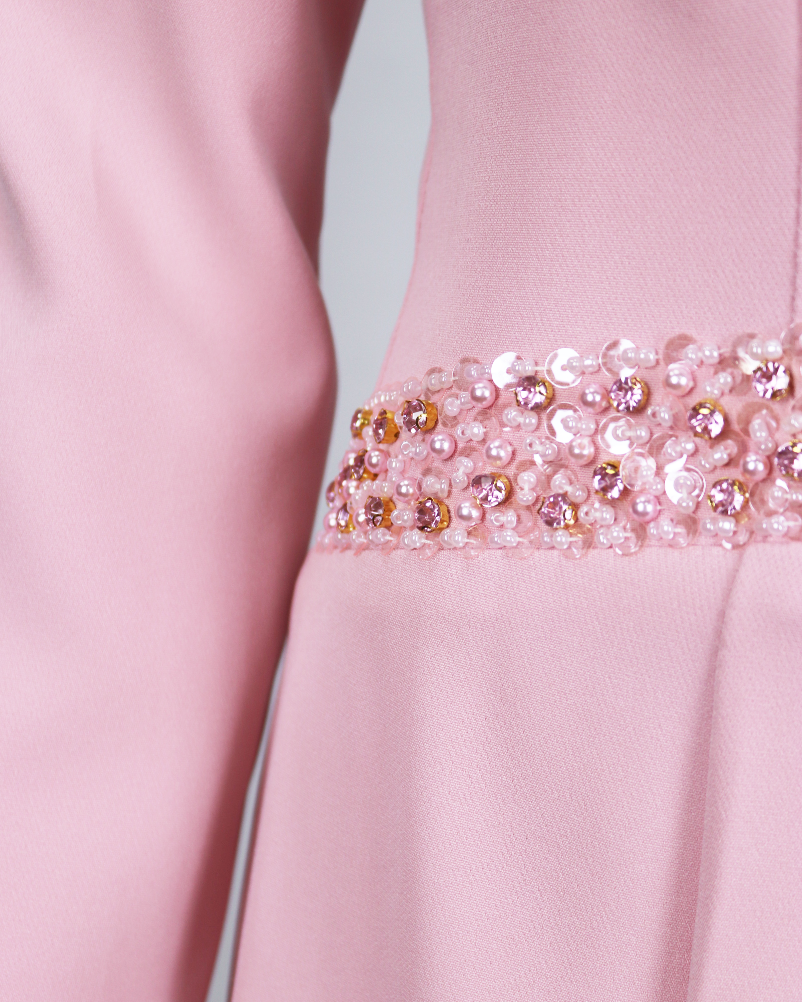 V Neckline long-sleeved pink dress with sequinned lines