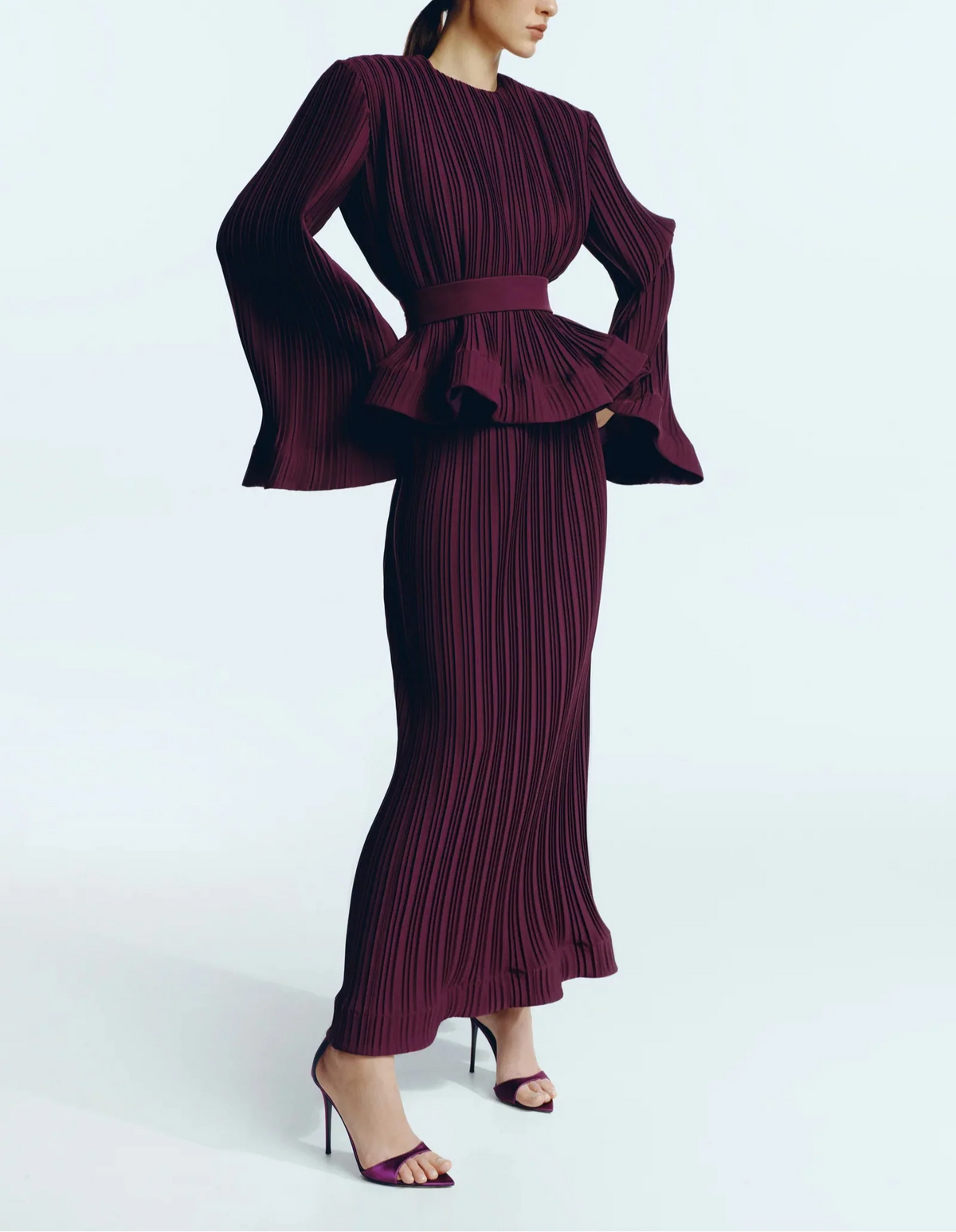 Pleated flared-sleeve top and maxi skirt set with waist belt – Rosiny