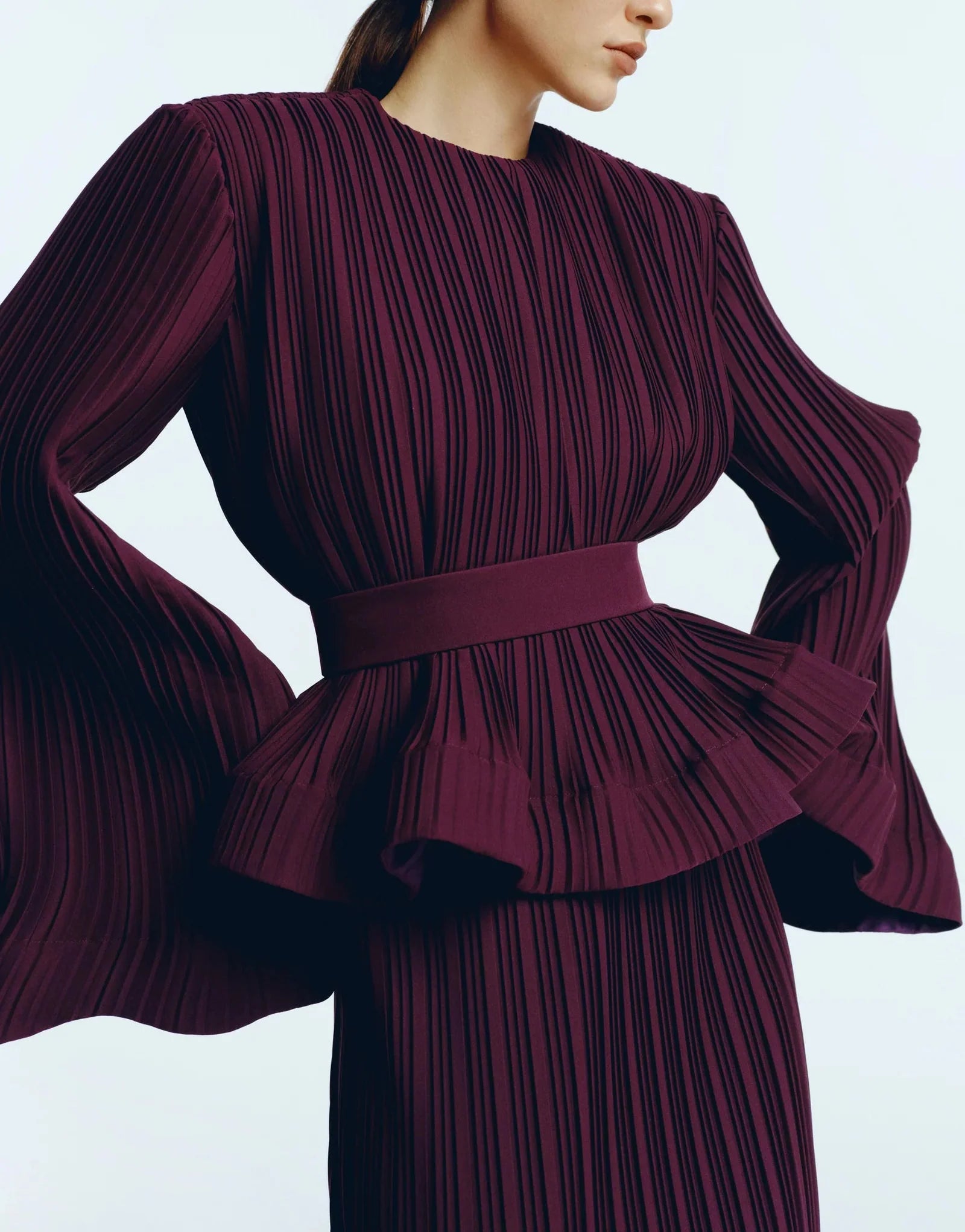 Pleated flared-sleeve top and maxi skirt set with waist belt – Rosiny
