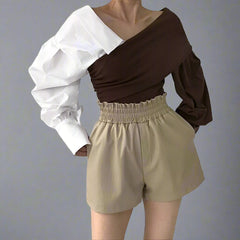 asymmetrical colorblock blouse with puff sleeve - Gajanad