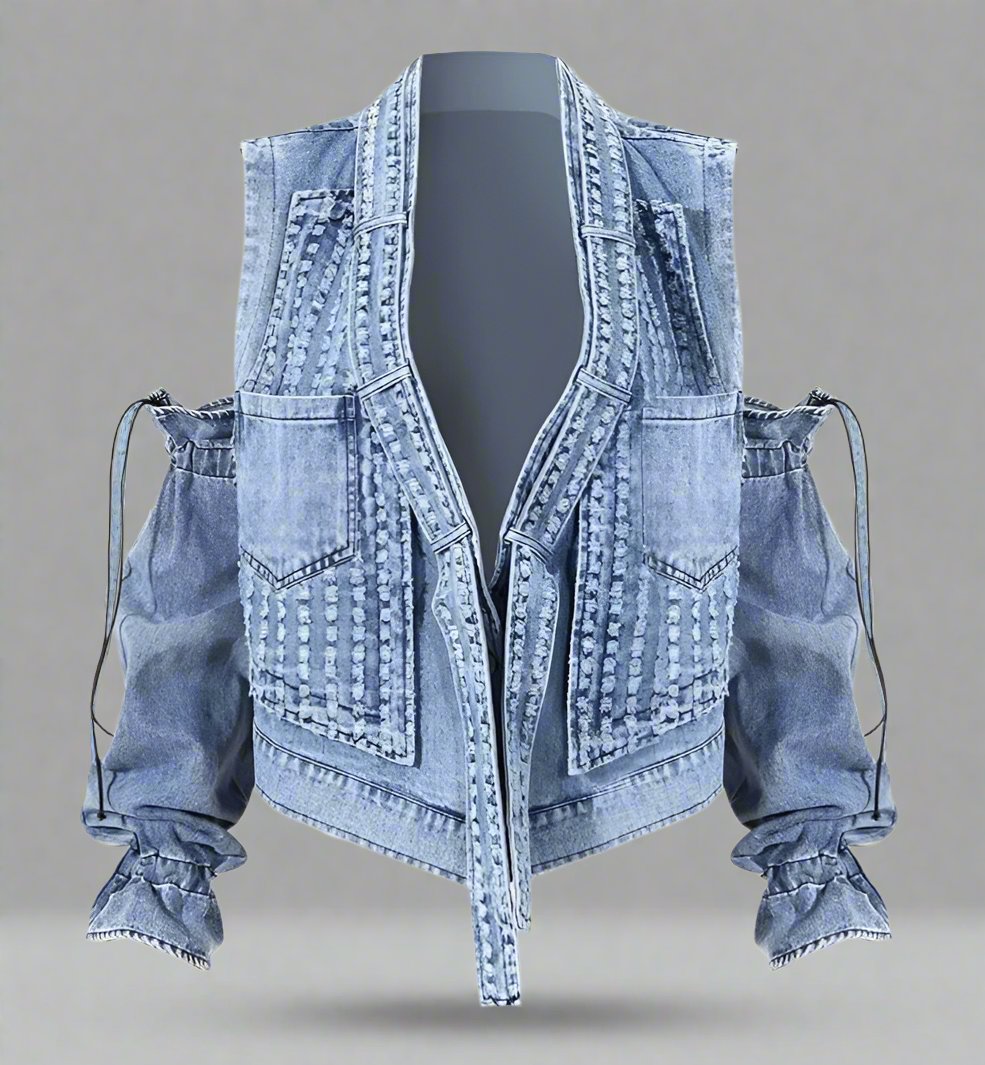 cold-shoulder embellished denim jacket with gathered sleeves – Klaew Kla