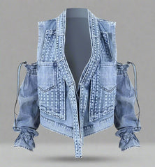 cold-shoulder embellished denim jacket with gathered sleeves – Klaew Kla