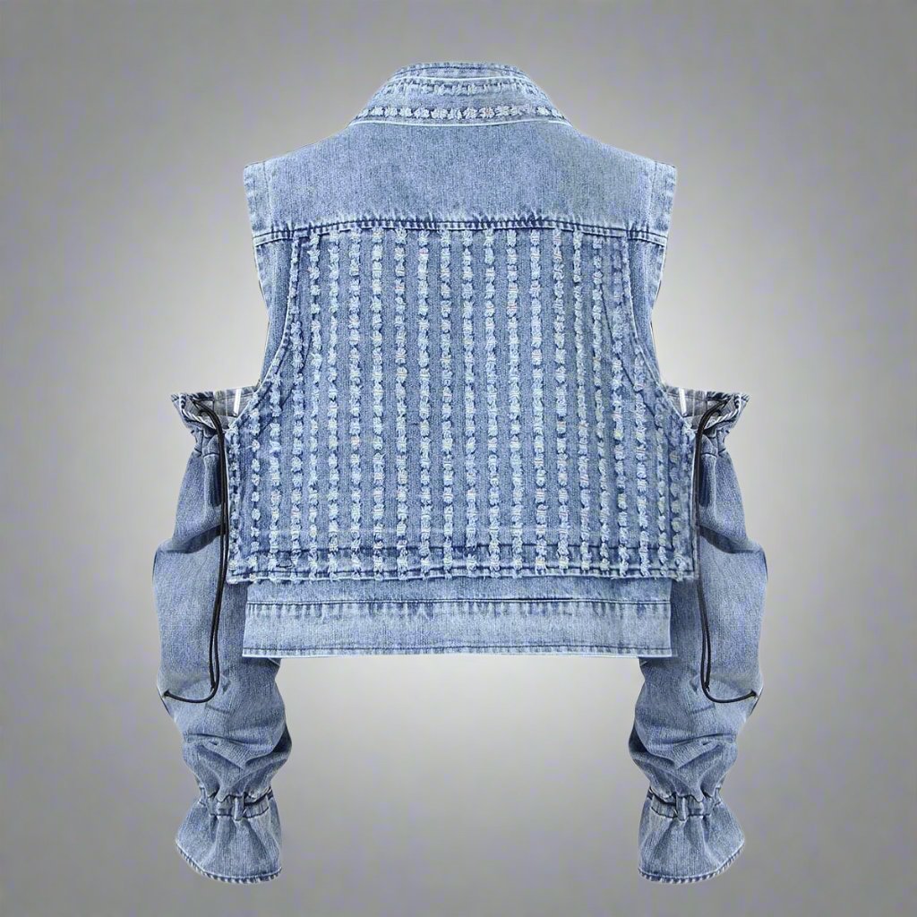 cold-shoulder embellished denim jacket with gathered sleeves – Klaew Kla