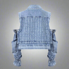 cold-shoulder embellished denim jacket with gathered sleeves – Klaew Kla