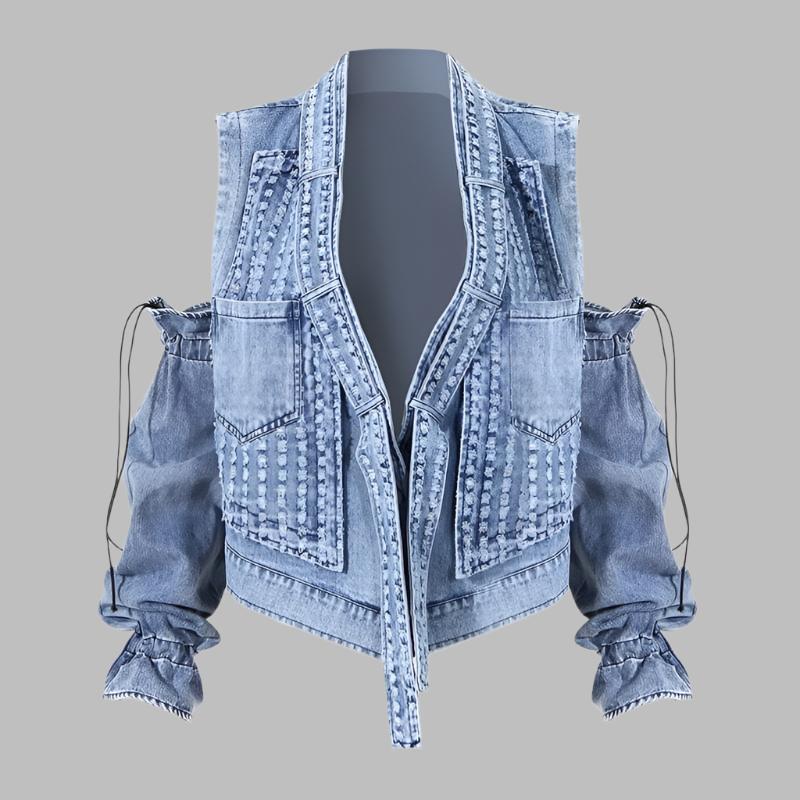 cold-shoulder embellished denim jacket with gathered sleeves – Klaew Kla