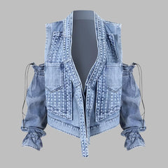 cold-shoulder embellished denim jacket with gathered sleeves – Klaew Kla