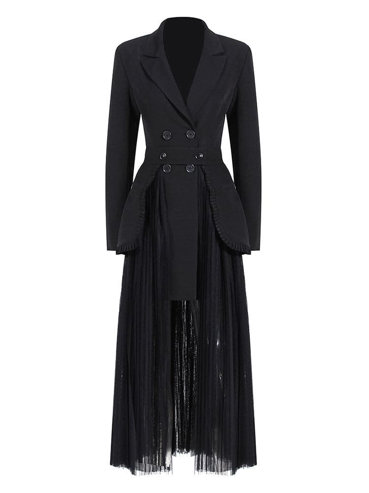 double-breasted blazer dress with sheer pleated maxi overlay - Addien