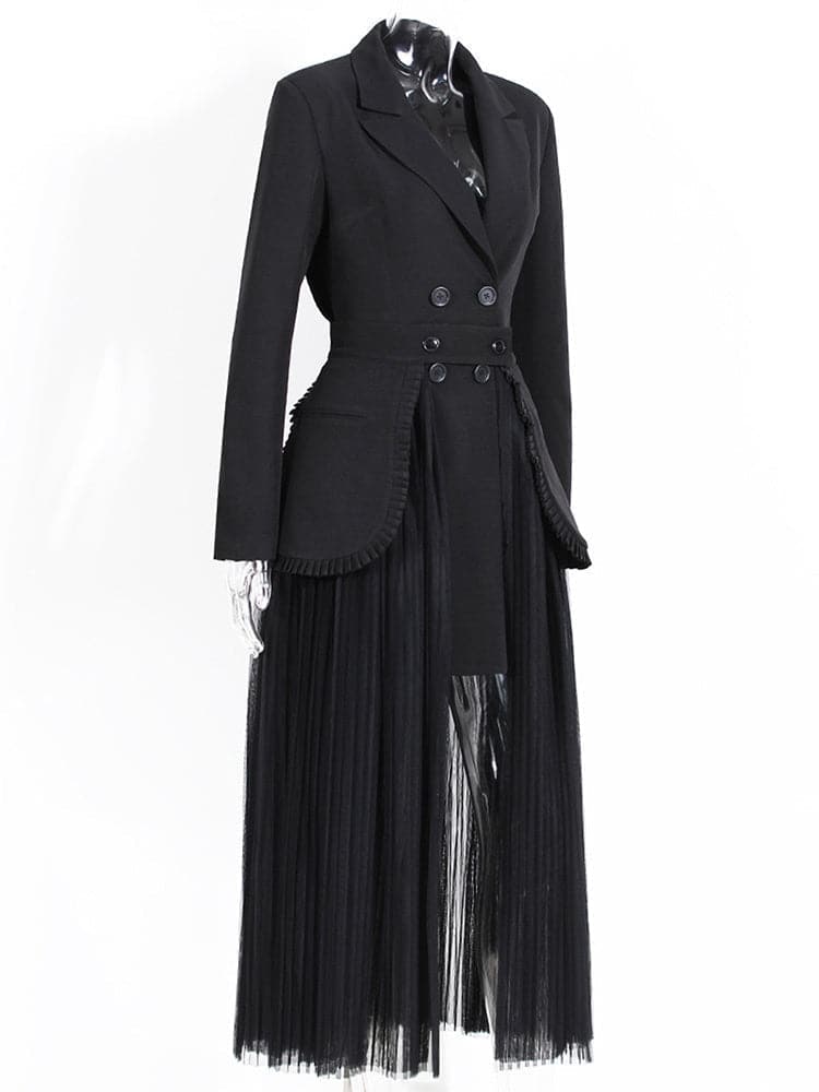 double-breasted blazer dress with sheer pleated maxi overlay - Addien