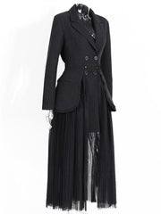 double-breasted blazer dress with sheer pleated maxi overlay - Addien