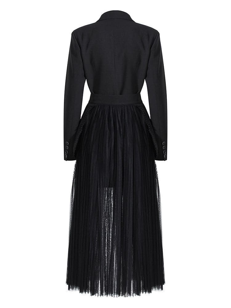 double-breasted blazer dress with sheer pleated maxi overlay - Addien