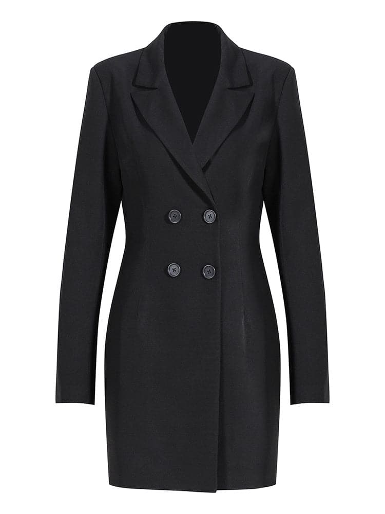 double-breasted blazer dress with sheer pleated maxi overlay - Addien