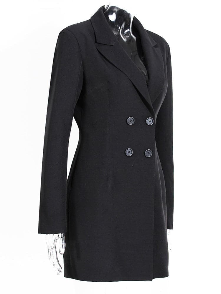 double-breasted blazer dress with sheer pleated maxi overlay - Addien