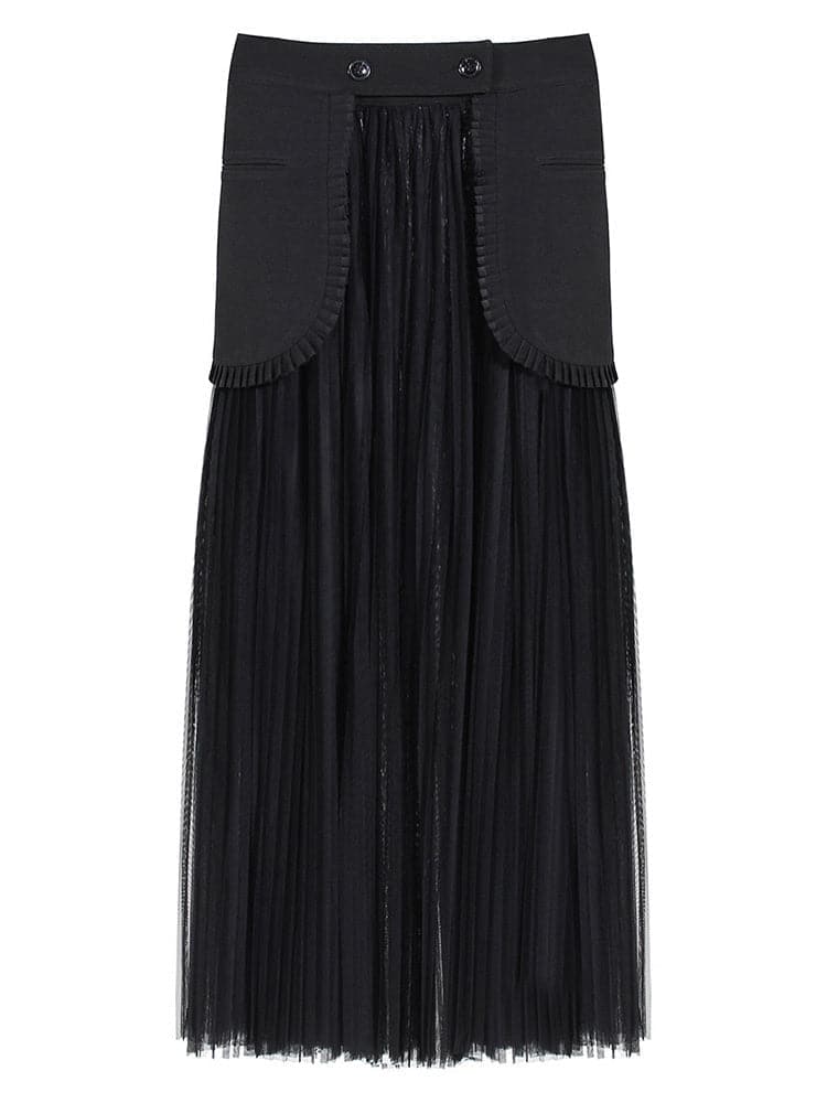 double-breasted blazer dress with sheer pleated maxi overlay - Addien