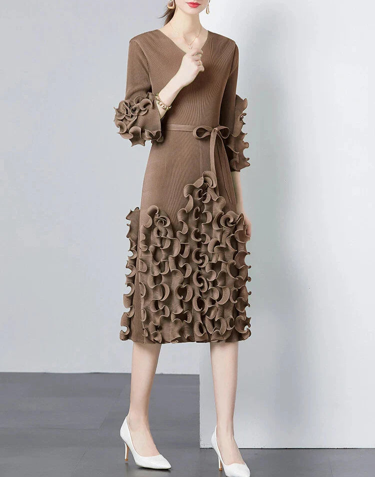 v-neck midi dress with ruffle applique details - CELIAW