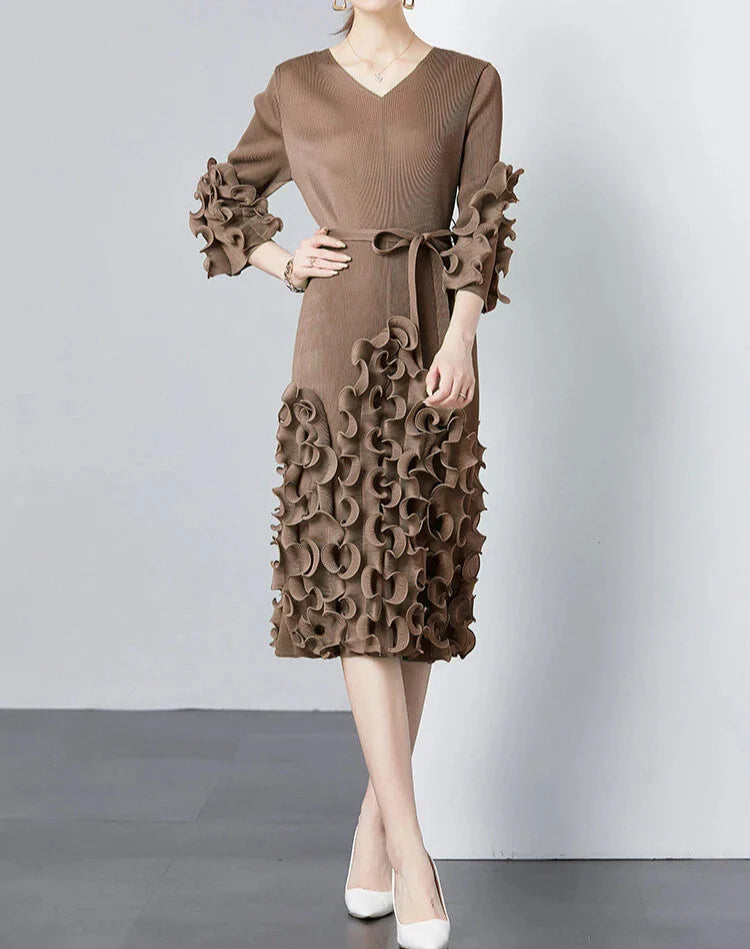 v-neck midi dress with ruffle applique details - CELIAW