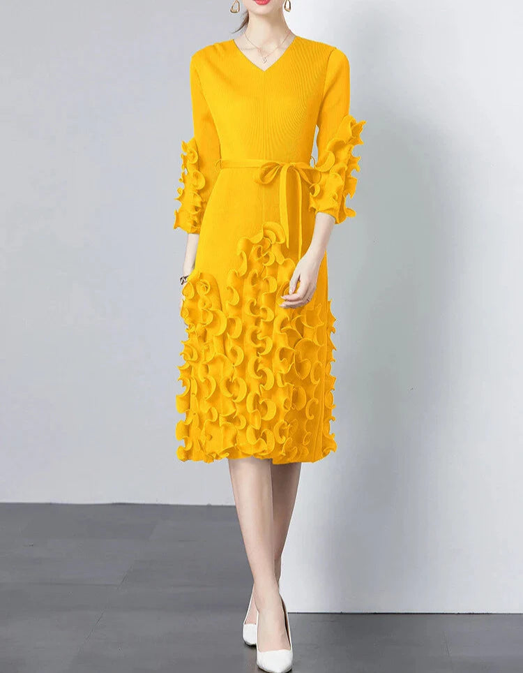 v-neck midi dress with ruffle applique details - CELIAW