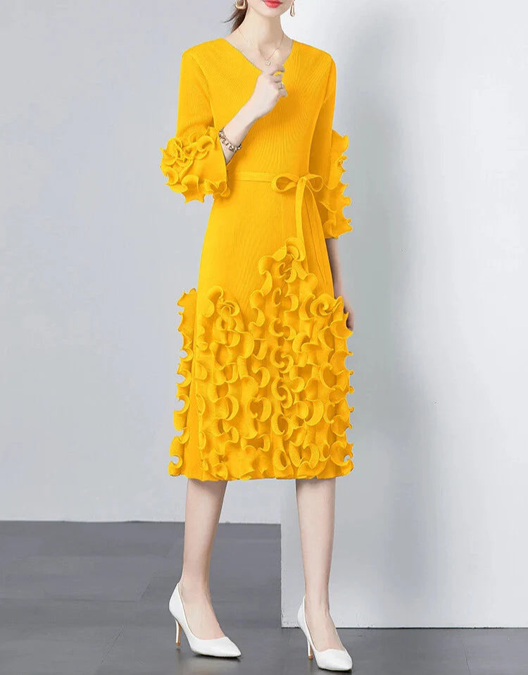 v-neck midi dress with ruffle applique details - CELIAW