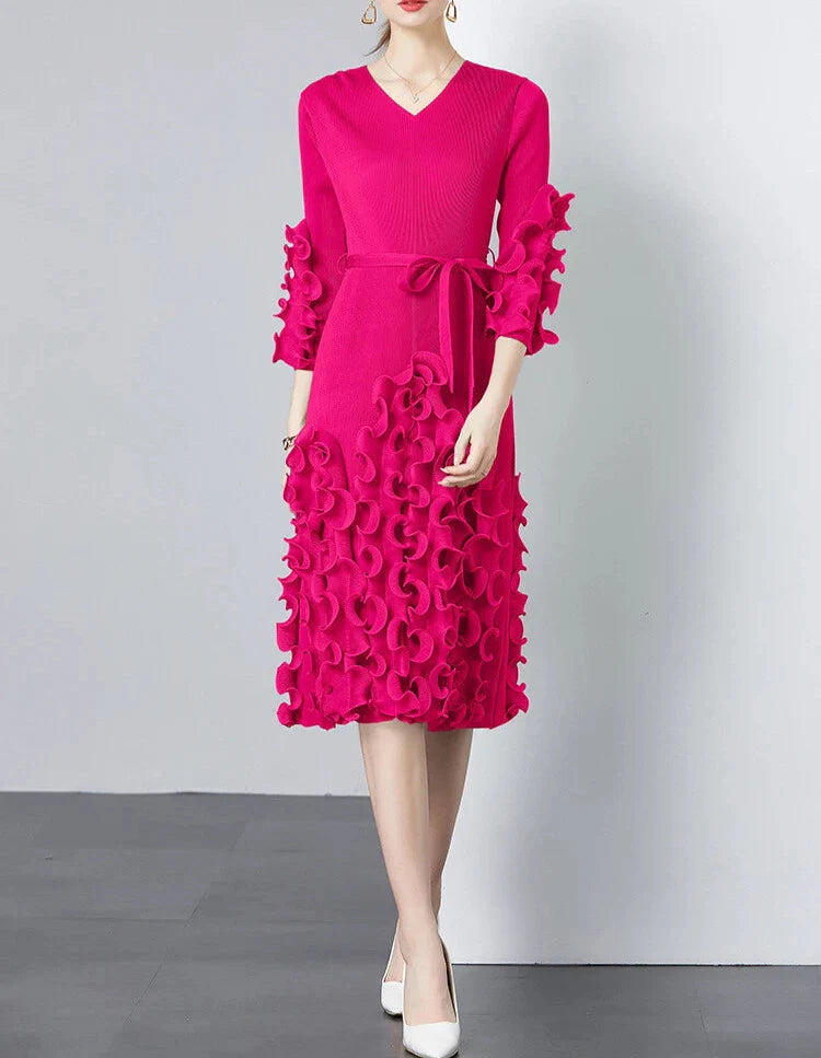 v-neck midi dress with ruffle applique details - CELIAW