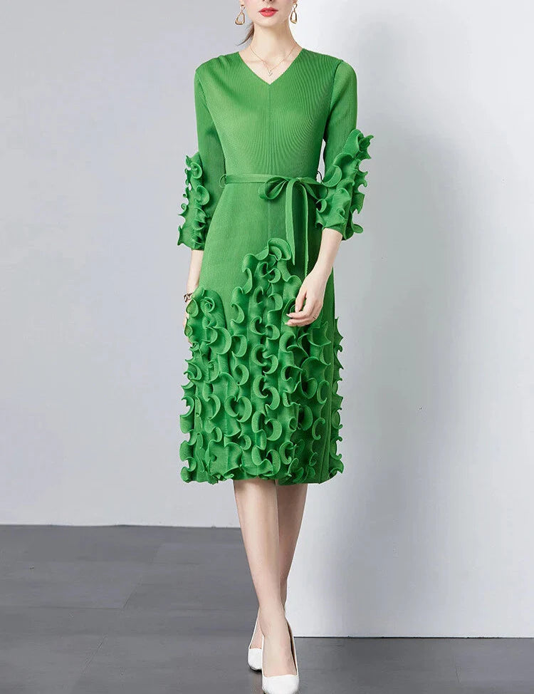 v-neck midi dress with ruffle applique details - CELIAW