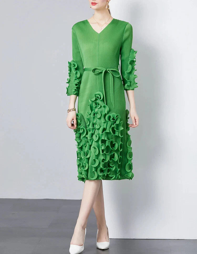 v-neck midi dress with ruffle applique details - CELIAW