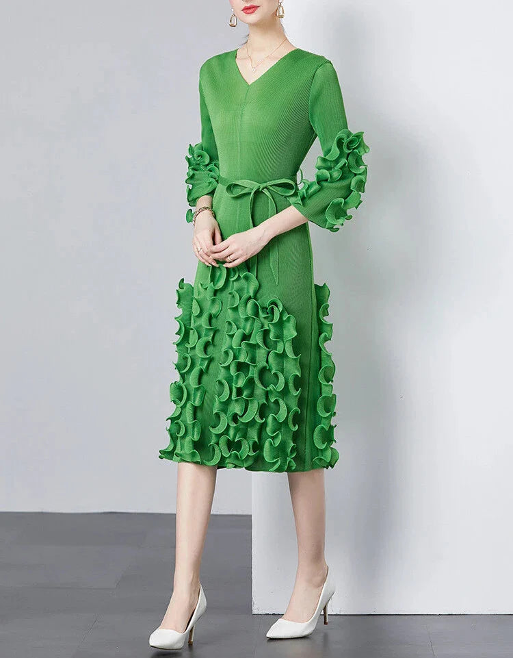 v-neck midi dress with ruffle applique details - CELIAW