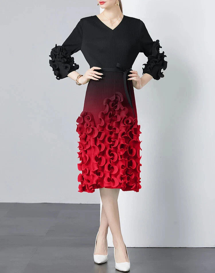 v-neck midi dress with ruffle applique details - CELIAW