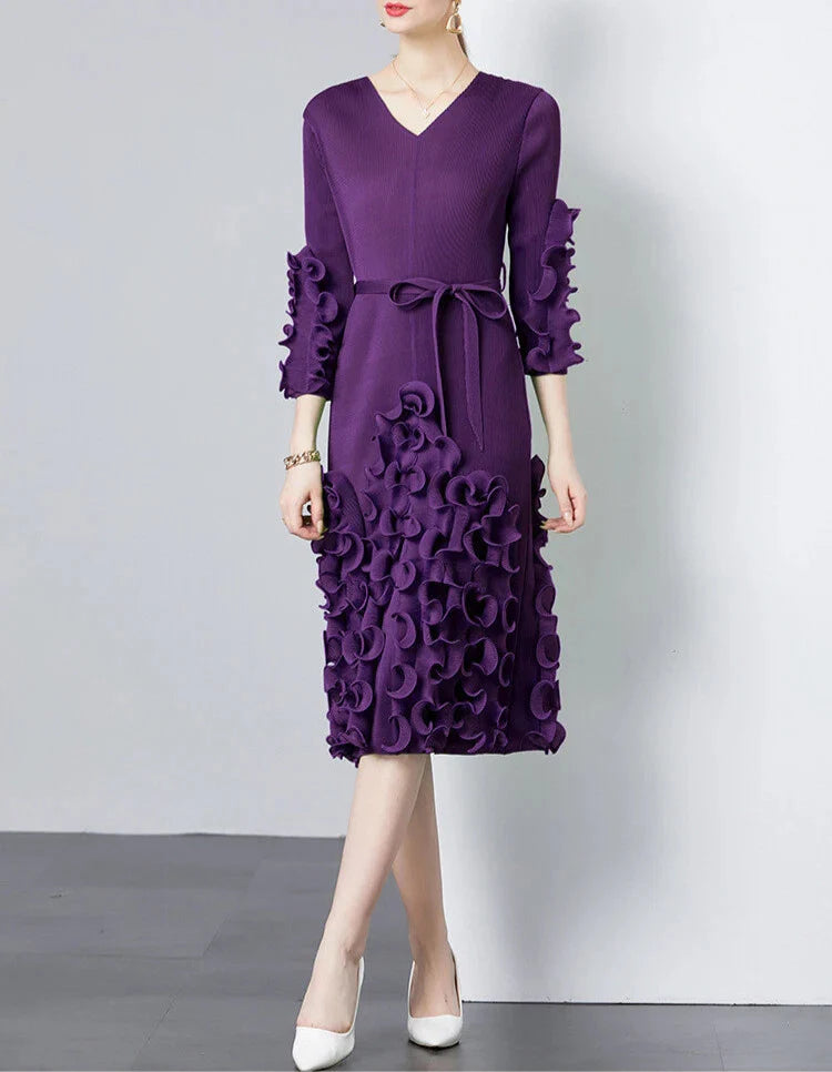 v-neck midi dress with ruffle applique details - CELIAW