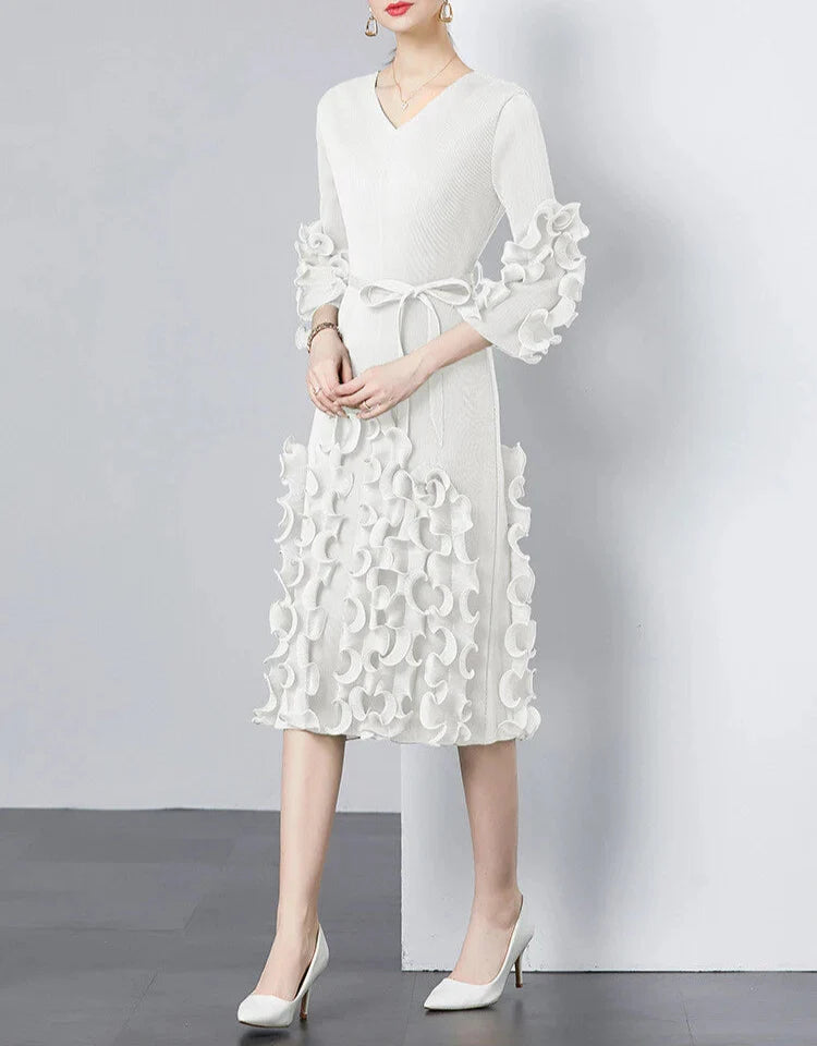 v-neck midi dress with ruffle applique details - CELIAW