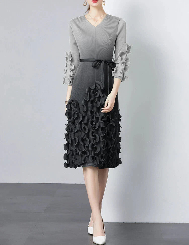 v-neck midi dress with ruffle applique details - CELIAW