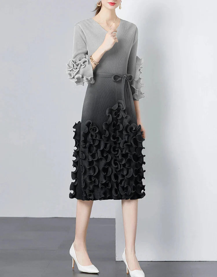 v-neck midi dress with ruffle applique details - CELIAW