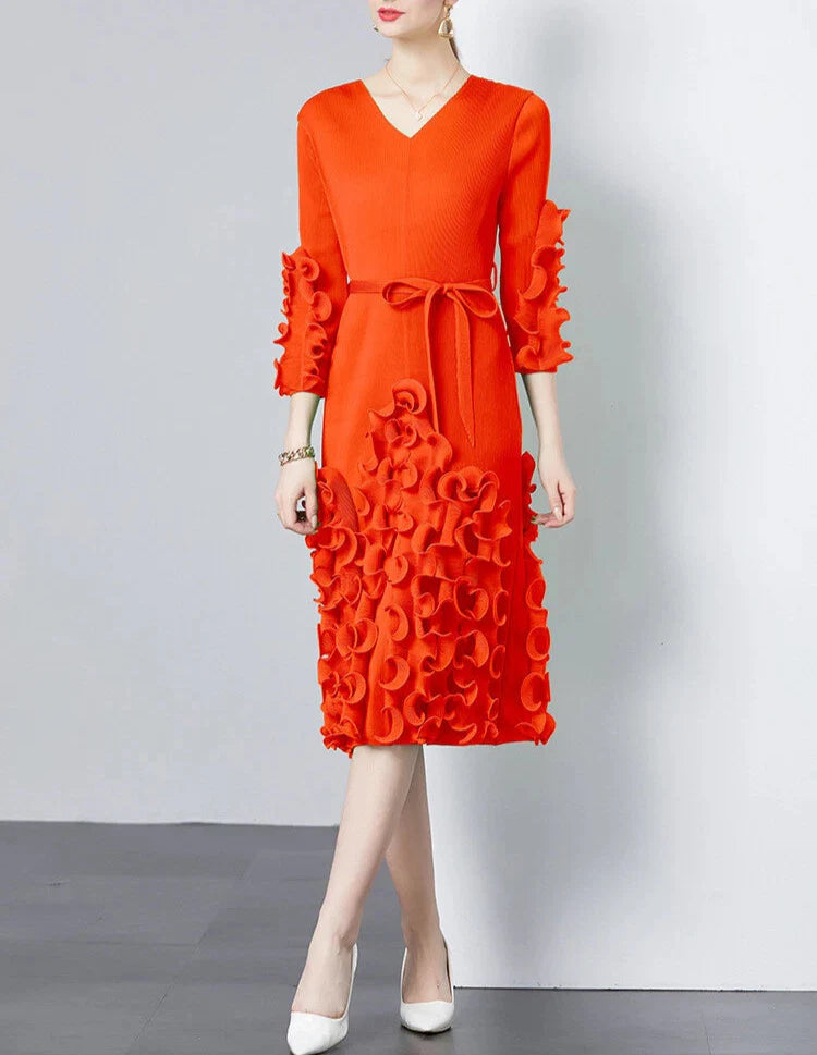 v-neck midi dress with ruffle applique details - CELIAW