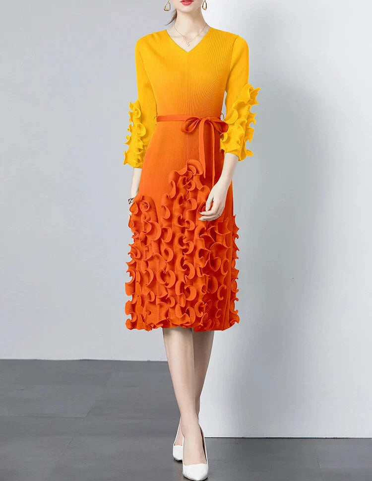 v-neck midi dress with ruffle applique details - CELIAW