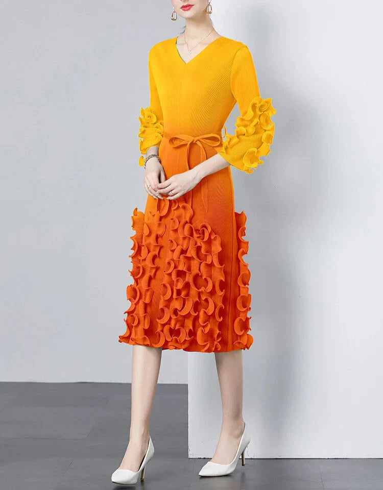 v-neck midi dress with ruffle applique details - CELIAW
