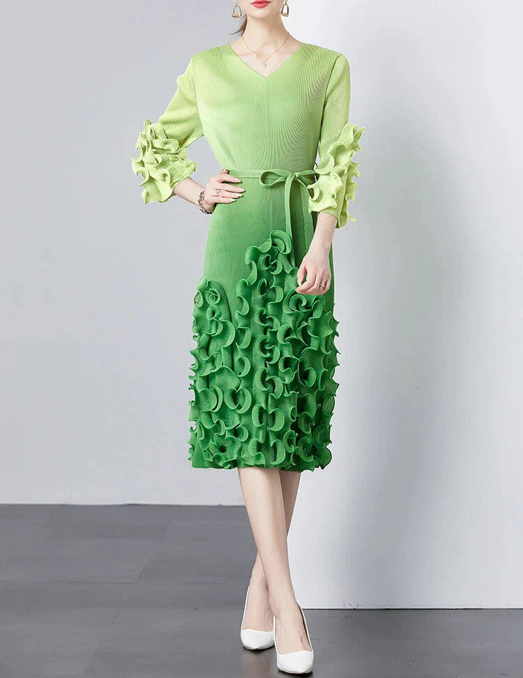 v-neck midi dress with ruffle applique details - CELIAW