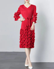v-neck midi dress with ruffle applique details - CELIAW
