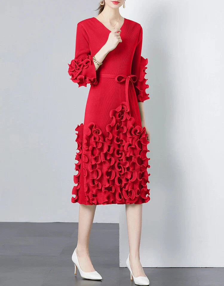 v-neck midi dress with ruffle applique details - CELIAW