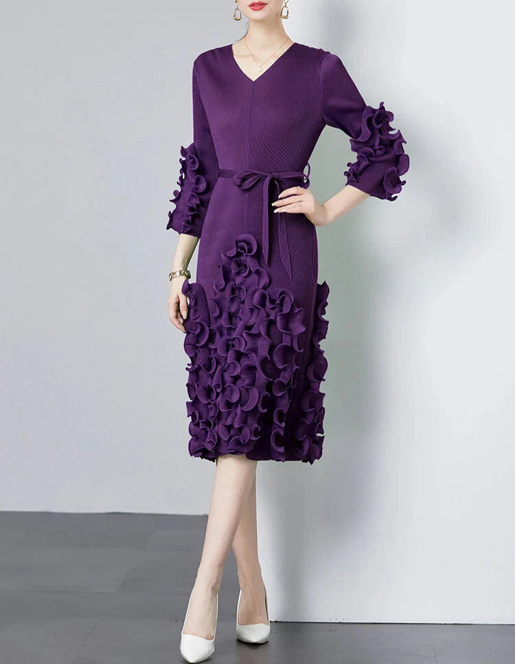 v-neck midi dress with ruffle applique details - CELIAW