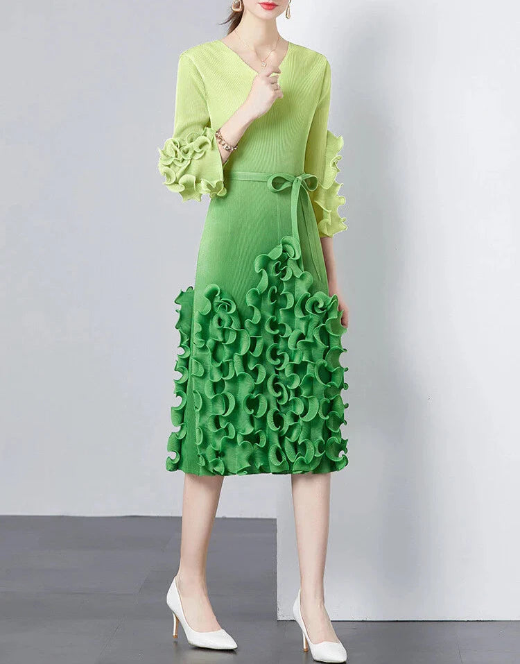 v-neck midi dress with ruffle applique details - CELIAW