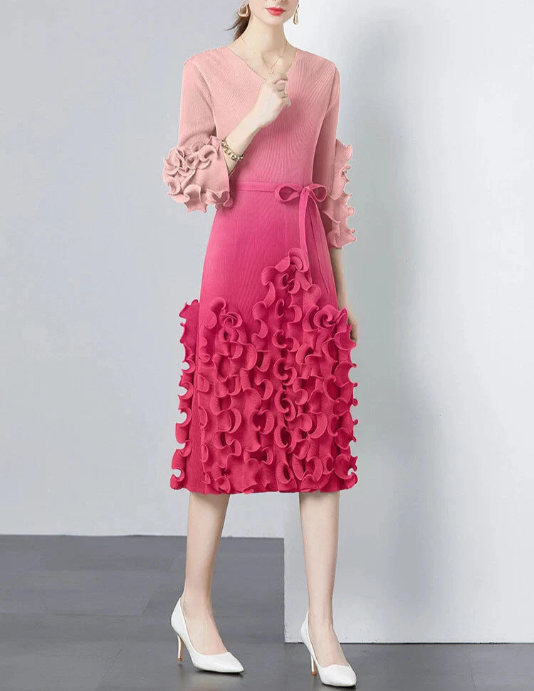 v-neck midi dress with ruffle applique details - CELIAW