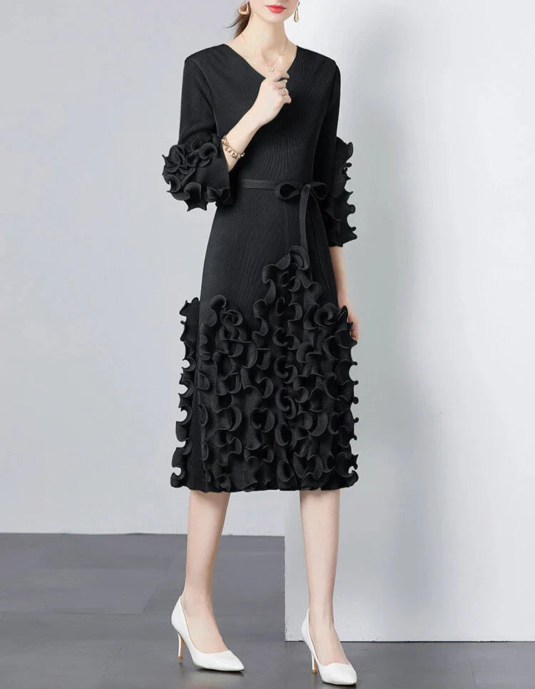 v-neck midi dress with ruffle applique details - CELIAW