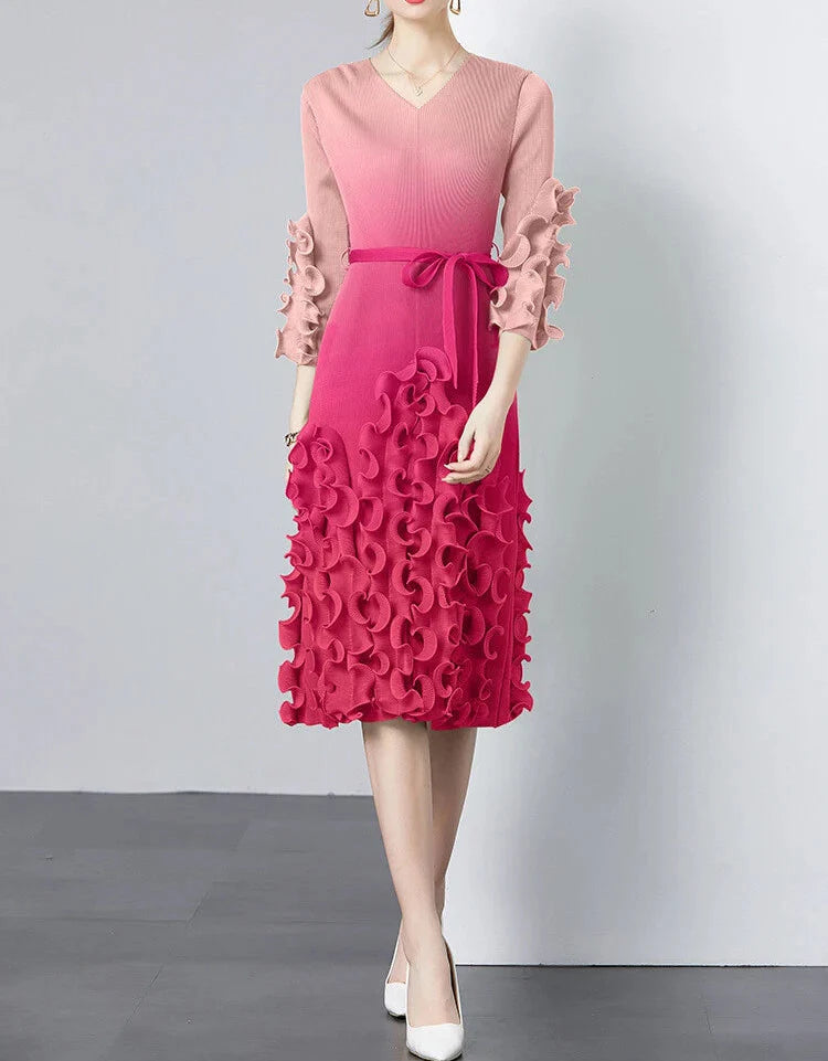 v-neck midi dress with ruffle applique details - CELIAW