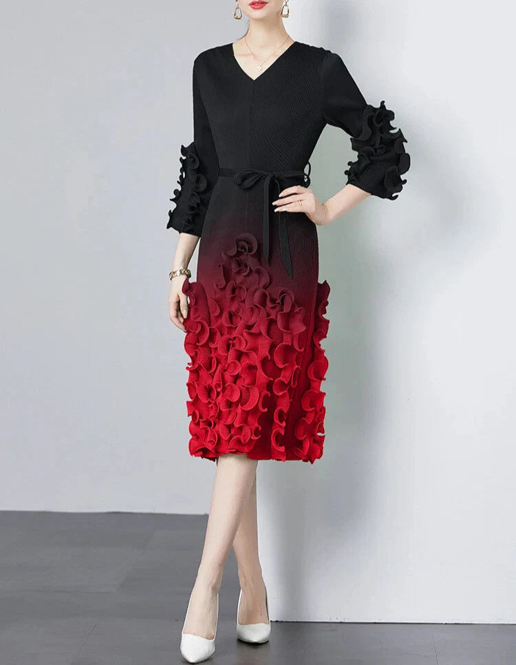 v-neck midi dress with ruffle applique details - CELIAW