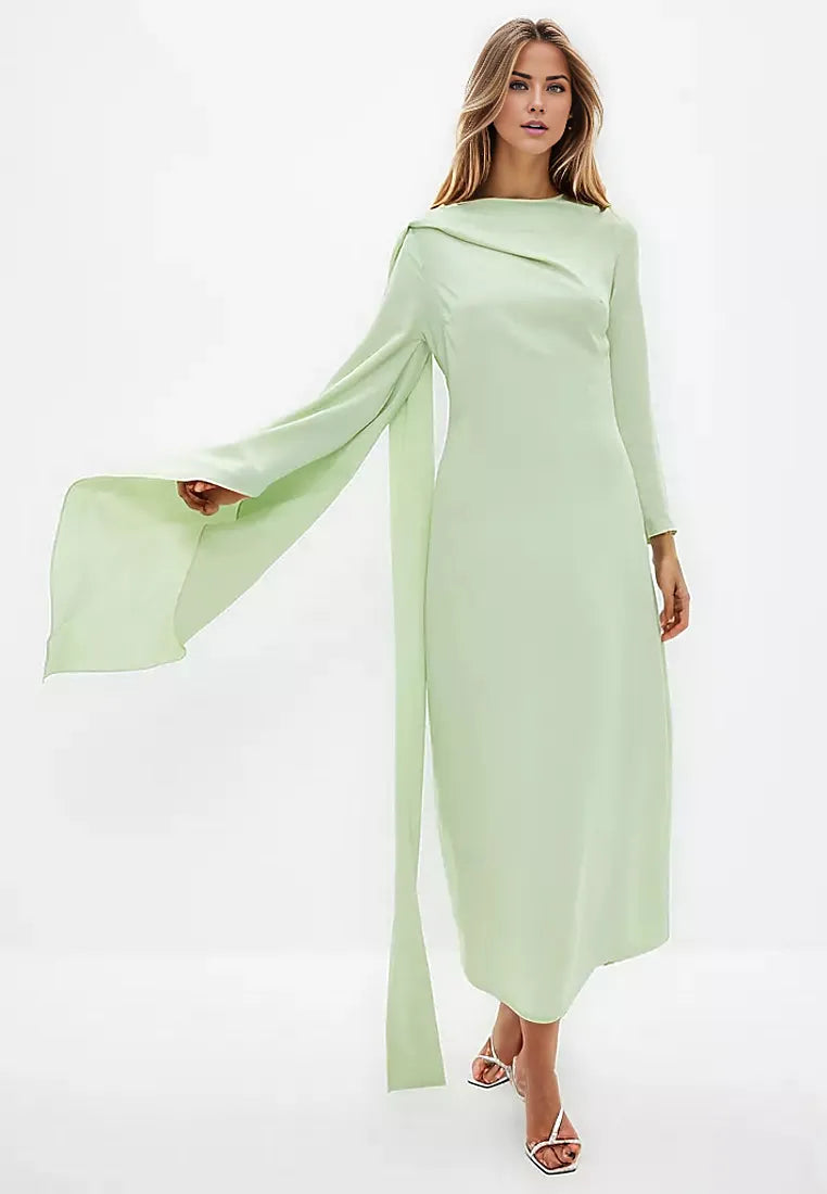 Asymmetric sleeve gown with draped scarf detail – Norden