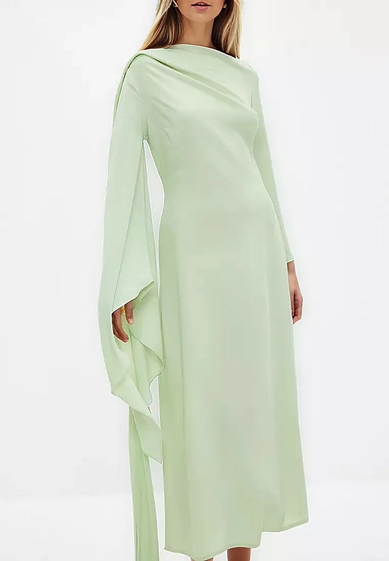 Asymmetric sleeve gown with draped scarf detail – Norden