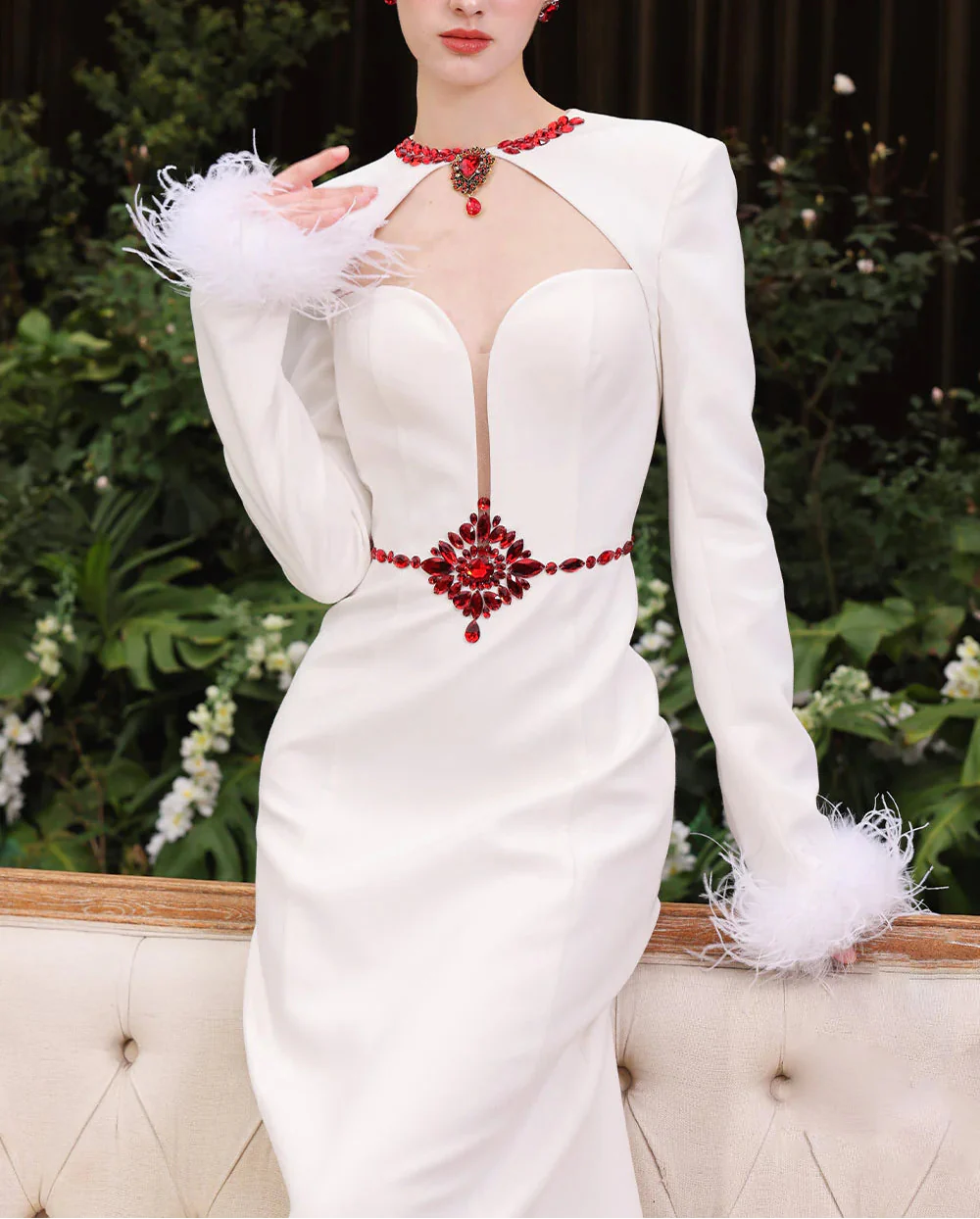 Long sleeve column gown with jeweled cutout – Starsel