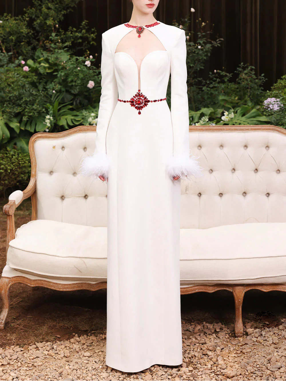 Long sleeve column gown with jeweled cutout – Starsel